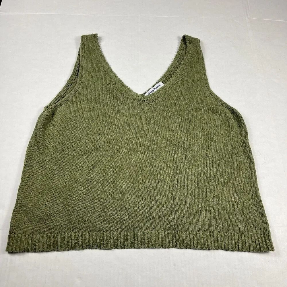 Tommy Bahama Womens Sweater Knit Tank Top Green Sleeveless Crochet Boho Casual L